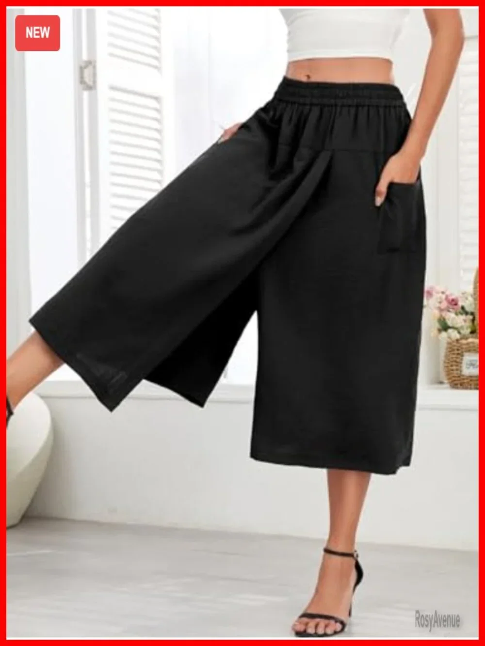 Wide Leg Culottes Pants with Skirt Overlay Flowy Palazzo Capris Pockets